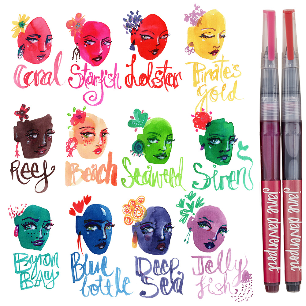  set of 12 Assorted Colors  Pre-Filled dye-based ink brush pens  Jane Davenport Mixed Media Mermaid Markers  